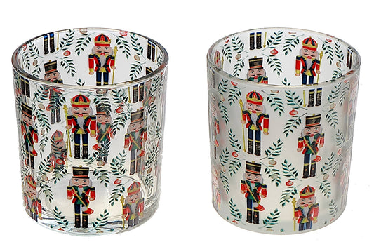 GLASS TEALIGHT HOLDERS WITH DECAL (NUTCRACKER) (ASSTD)