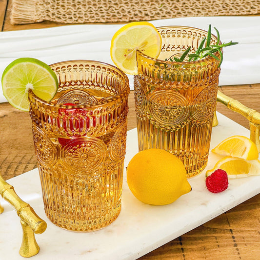 Vintage Textured Amber Drinking Glasses (Set of 6)